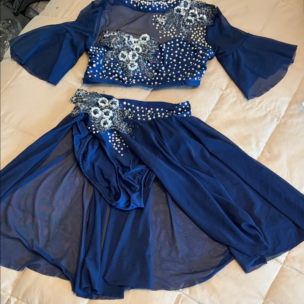 Elegant Blue and Silver Embellished Lyrical Costume with Hairpiexe